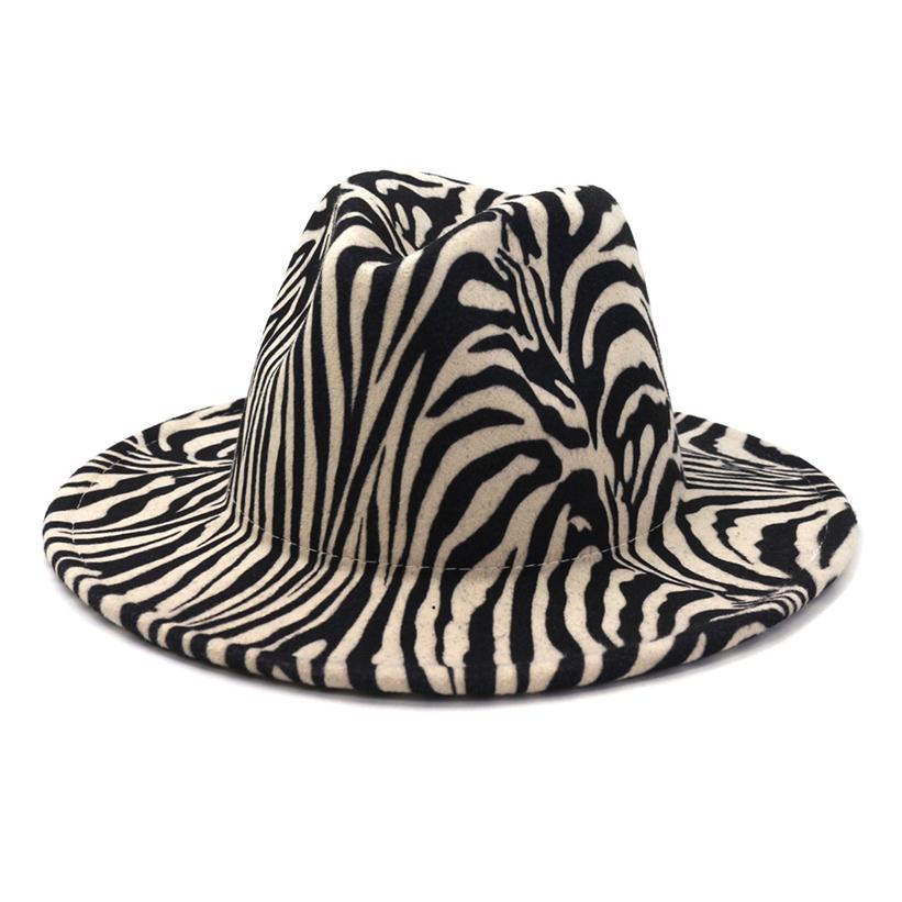 

2020 fashion Zebra Pattern Artificial Wool Felt Fedora Hats Fashion Women Men Large Brim Jazz Party Cap Panama Style Cowboy Hat265b, Beige