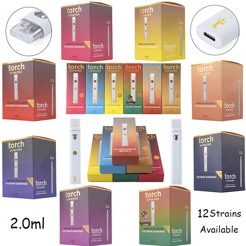 

2ML TORCH E Cigarette Rechargeable Disposable Vape Pen 280mAh Battery Empty Vape Cartridges Starter Kits With Box Packaging 12 Strains Big Capacity