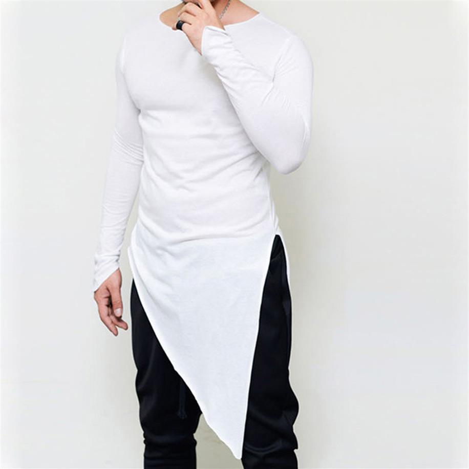 

Men asymmetrical design punk hip hop long sleeve t shirt side split long tee shirts mens casual vintage streetwear gothic tops244f, Black