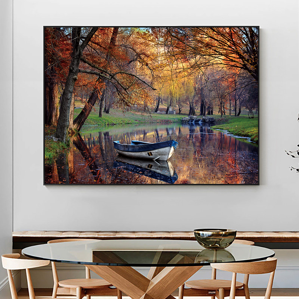 

Canvas Painting Abstract Forest Blue With White Boat On The River Modern landscape Posters And Prints Wall Art For Home Decor