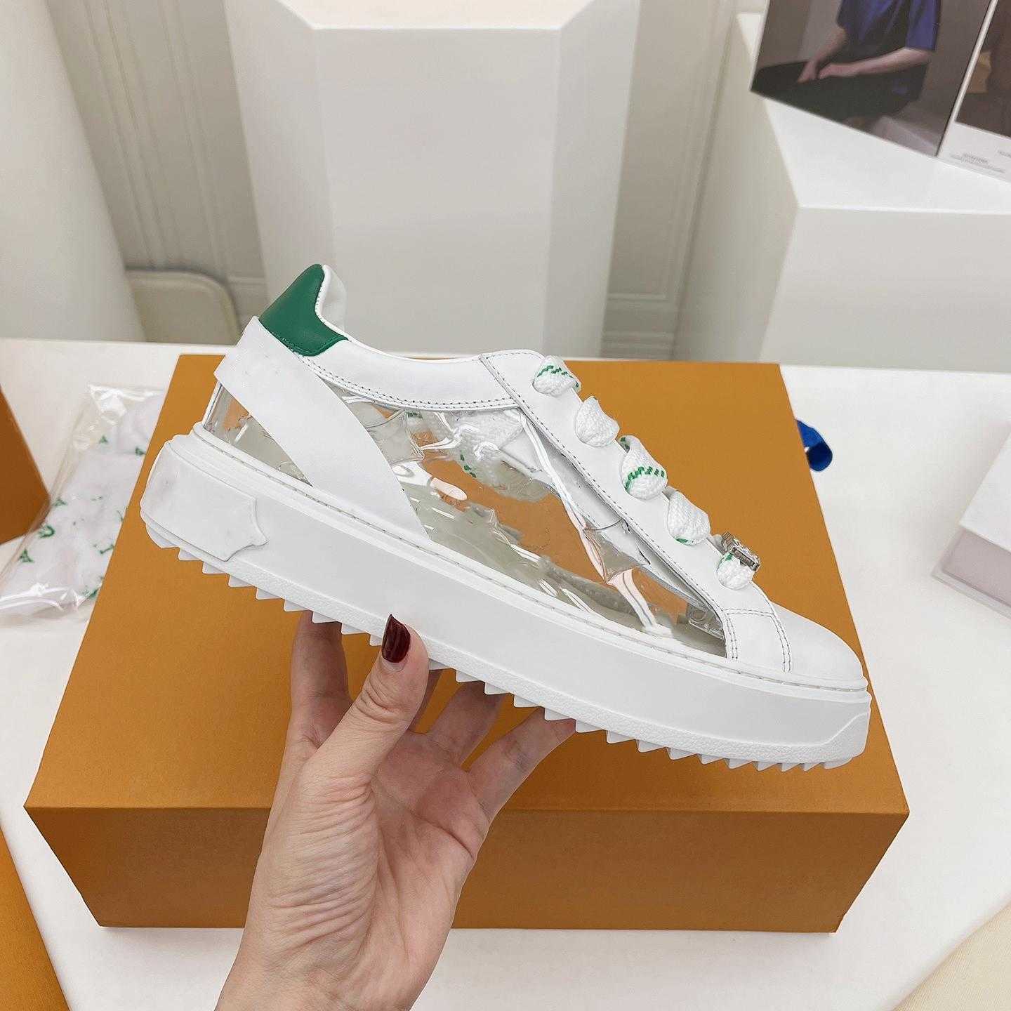 

2022 Women Fashion Leather Time Out Sneaker Shoes Transparent Rubber Platform Luxurys Designers Casual Shoe with Old Flowers Socks Old 1Top, Gold words&brown