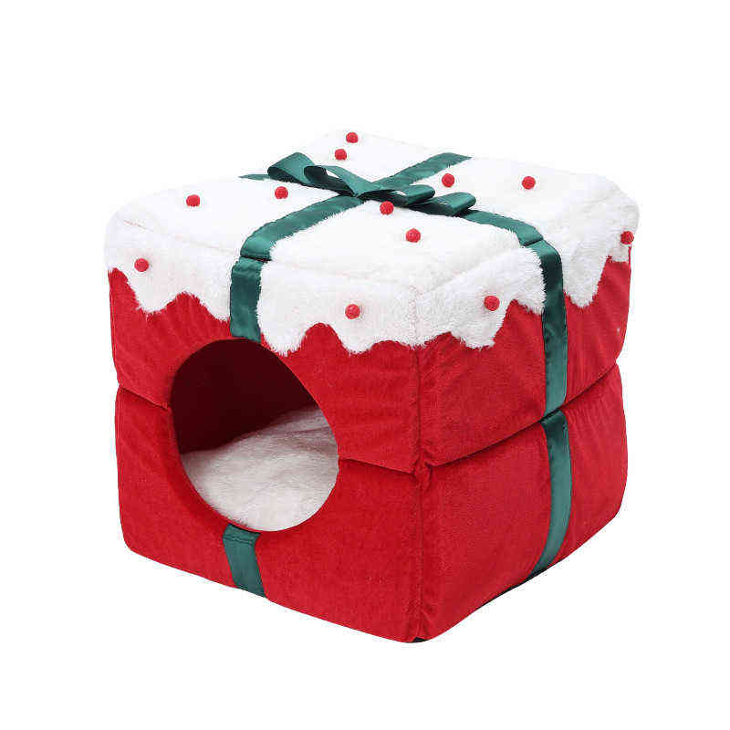 

Dog Houses Kennels Accessories Christmas Cat House Kennel Puppy Cushion Small Dogs Cats Nest Winter Warm Sleeping Pet Dog Bed Mat Supplies Christmas Gift Box T220907