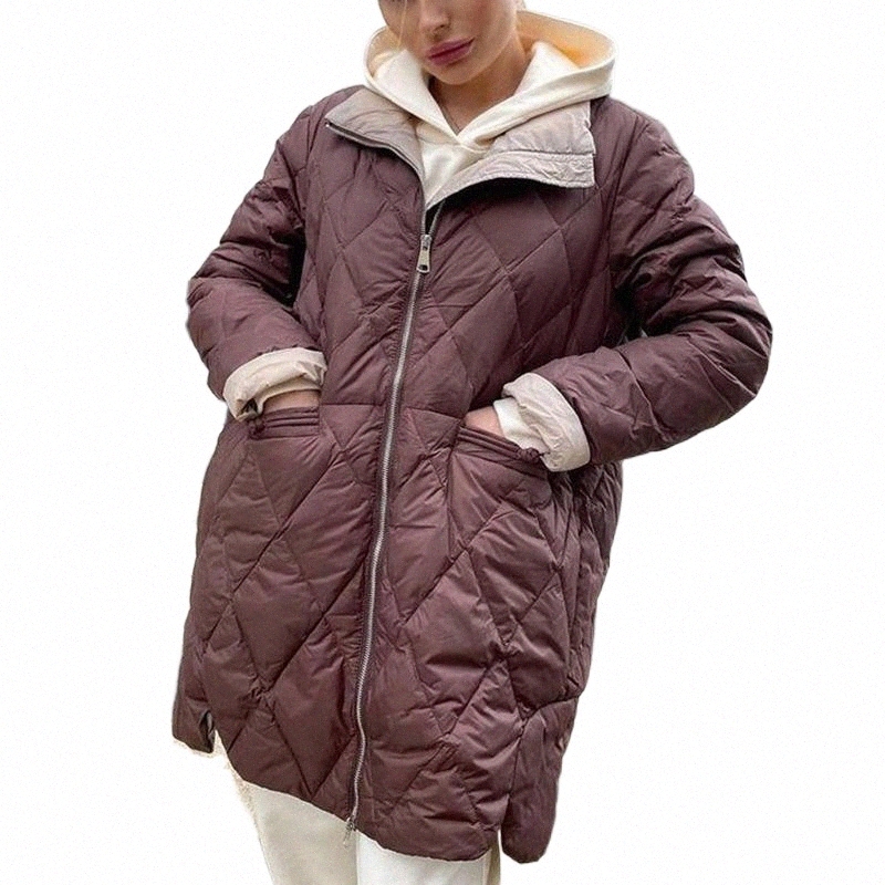 Women's Down & Parkas women's Down & Parkas RR Stand Collar Women Fashion Argyle Zipper Closure Coats Elegant Loose Casual Cotton Jacke-image-800011071
