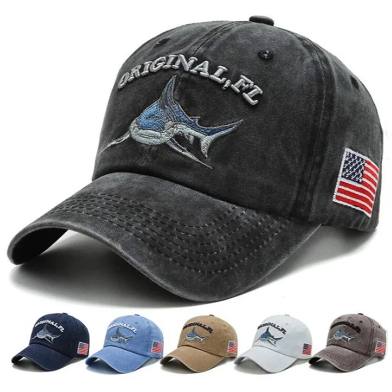 

New distressed washed cotton baseball cap men's shark american flag men's hat animal, Khaki