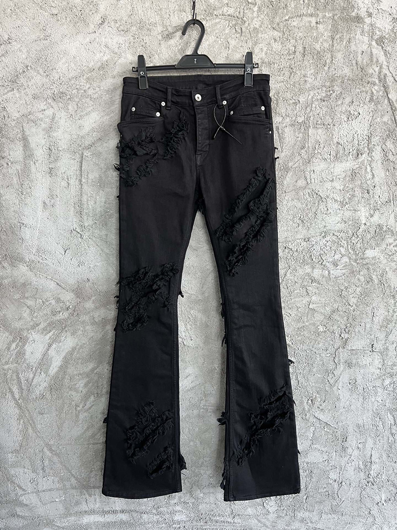 

New men's Flare Leg Jeans designer style double-layer ragged version pants, Black