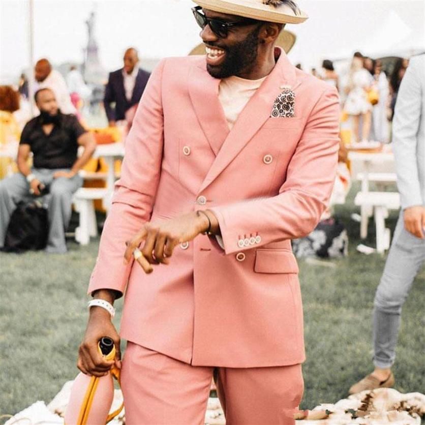 Blush Pink Double Breasted Groom Tuxedos Peaked Lapel Mens Suits Wedding Prom Dinner BlazerJacket Pants-image-800473656