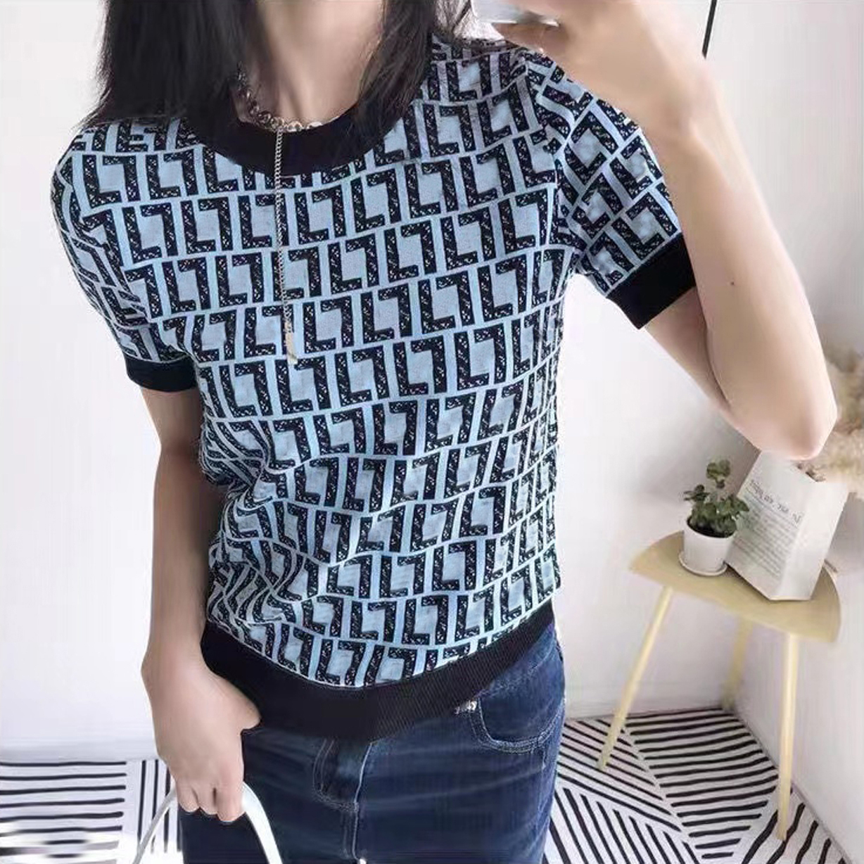 

Women Sweater Woman Knits & Tees Short sleeve Classical English Word Printing O-neck Cardigan Sweaters Pullover Long Dress Skirt Luxury Designer, Blue