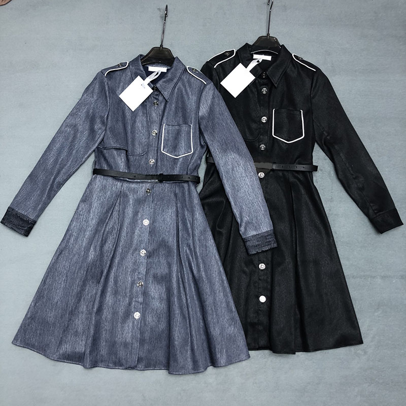 

Casual Dresses Designer Womens Dress Stylish Lace Long Sleeves A Line Skirt Autumn Lady Elegant Evening Dress With Belt Party Woman Clothing, Multi