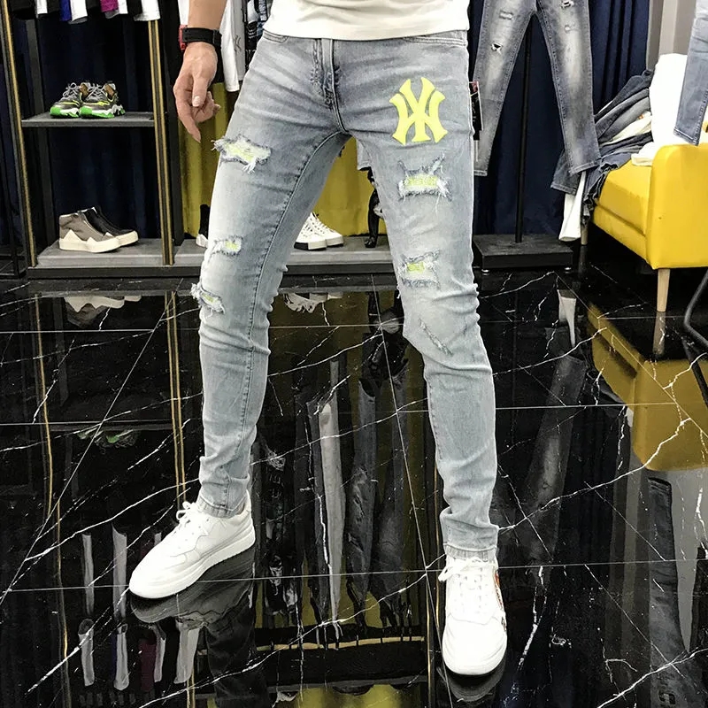 Men Jeans Stretchy Ripped Skinny Biker Embroidery Print Trousers Destroyed Hole Slim Fit Denim Quality Hip Hop Jogging Pants-image-800278675