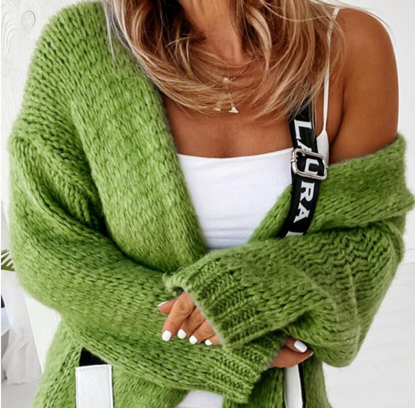 

Women Sweater Cardigan Lady With Buttons Oversize Jacket Loose Green Thick Warm Knitted Cardigan For, 04