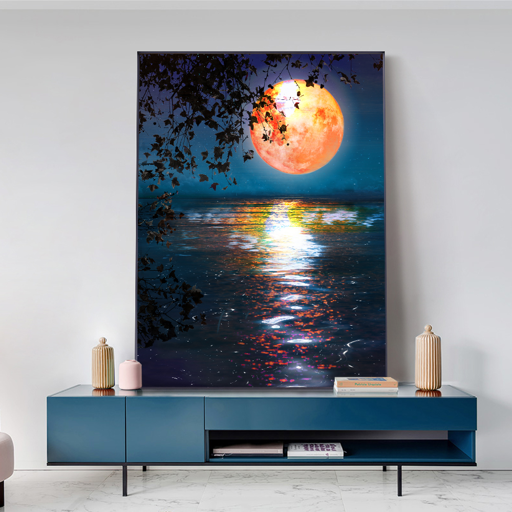 

Painting Abstract Moon Lake On Canvas Nordic Landscape Posters and Prints Wall Art Picture For Living Room Home Decoration