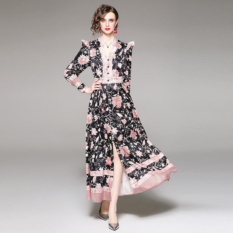 

2022 V-Neck Women Vintage Maxi Dress Lantern Sleeve Lapel Button Shirt Dresses Urban Elegant Office Lady Ruffle Pleated Print Long Frocks Spring Autumn Woman Clothes, Red