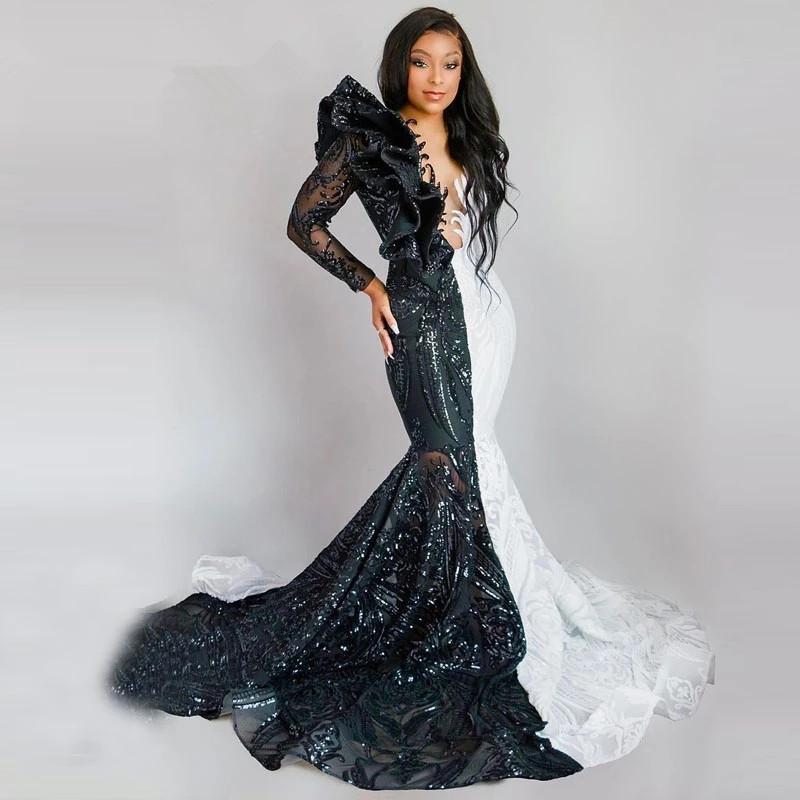 2022 Bling Black White Prom Dresses Sexy Mermaid V Neck Illusion Sequined Lace One Shoulder Long Sleeve Sequins Formal Party Dress Plus Size Even