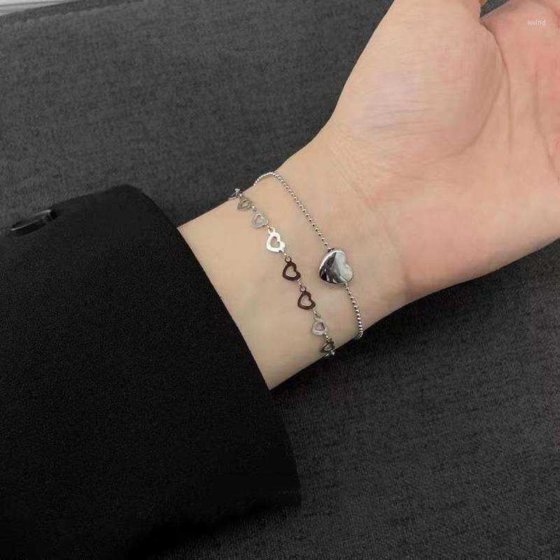 

Link Bracelets Double Bracelet Women Hollow Out Heart Woman Creative Bangles Elegant Jewelry Fashion Sweet Silver Color Metal Armband