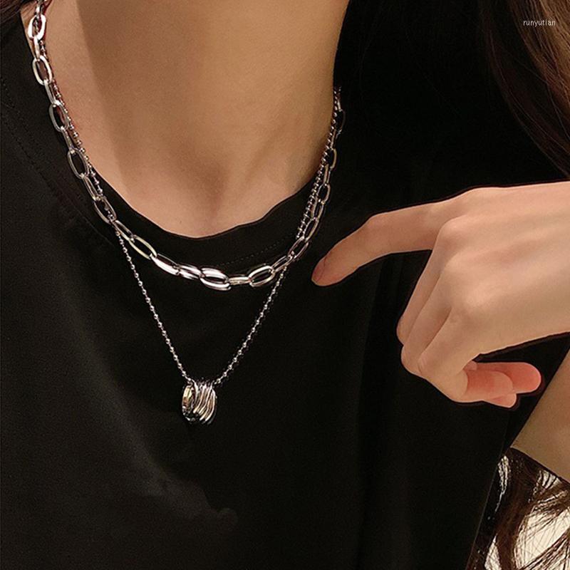 

Choker Fashion Double-layer Bead Chain Hollow Circle Pendant Necklace For Women Simple Geometric Female Trendy