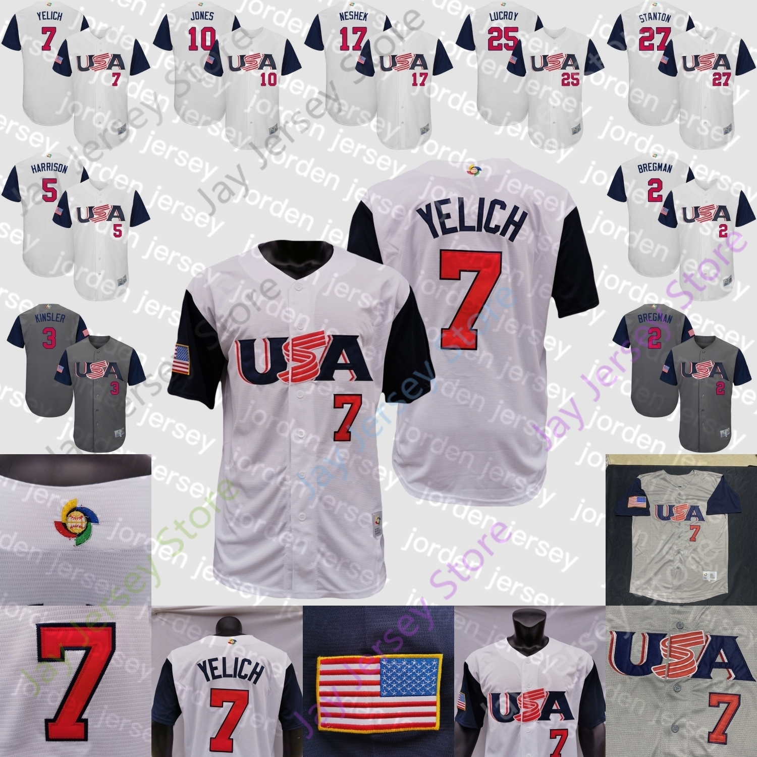 

NEW College Baseball Wears USA Team Jersey 2017 WBC World Baseball Classic Marcus Stroman Buster Posey Nolan Arenado Alex Bregman Hosmer Jon, Women grey