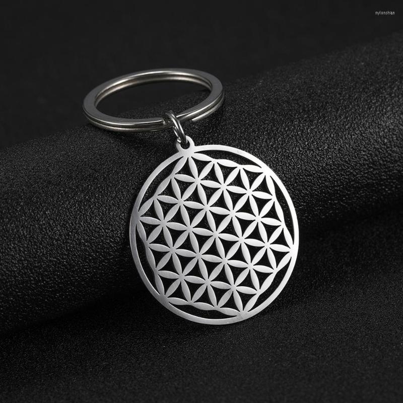 

Keychains My Shape Flower Of Life Key Chain Keychain 316L Stainless Steel Round Pendant Cut Out Ring Keyholder Jewelry For Women Men