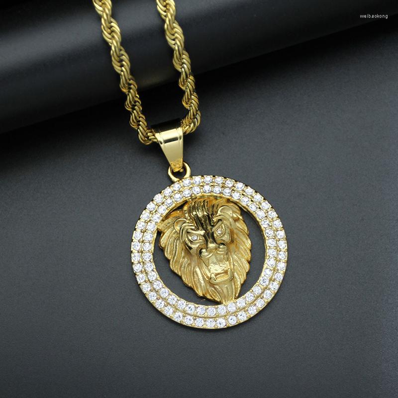 

Pendant Necklaces Hip Hop Bling Iced Out Gold Color Stainless Steel Male Lion Round Pendants For Men Rock Jewelry Gift