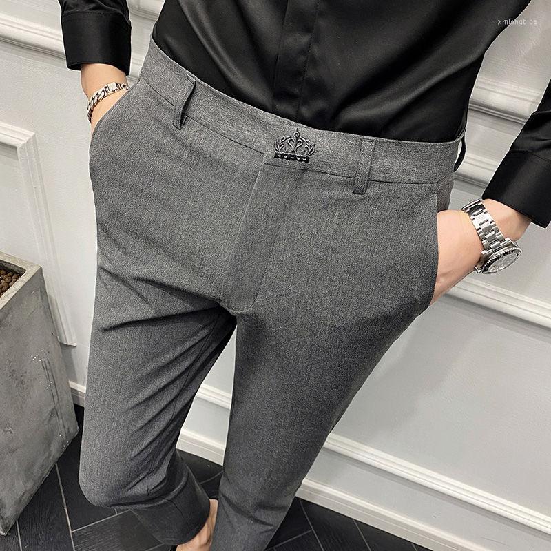 Men&#039;s Pants Spring Black Men Dress Suit 40 42 Size Embroidered Pant Light Gray British Trouser Formal Slim-image-800716625