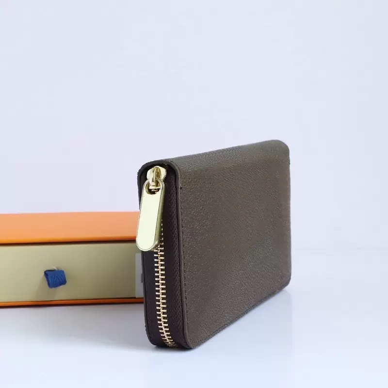 

Fashion Women Men Wallet Genuine Leather Wallets Single Zipper Wallets Lady Ladies long classical purse with box Card 60017, Brown flower