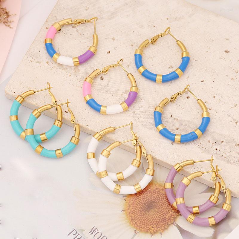 

Hoop Earrings HUANZHI Personality Multicolor Bamboo Circle Colorful Dripping Oil Stainless Steel For Women Party Jewelry
