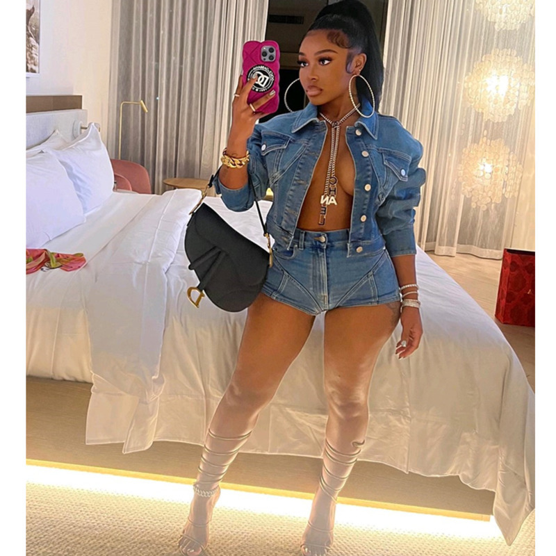 

Womens Tracksuits Denim Jacket And Short Jeans Two Piece Pants Set Casual Elastic Shorts Outfits, Sky blue