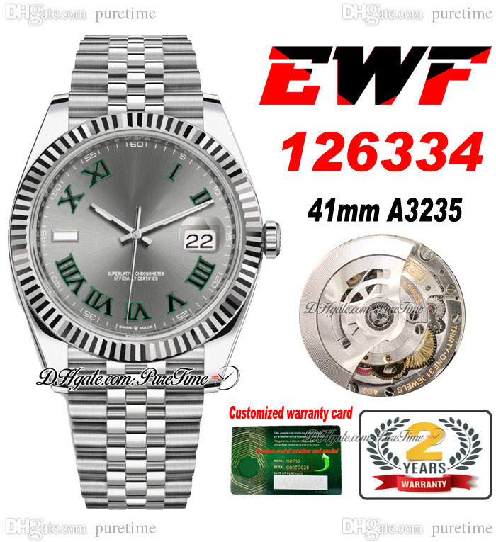 

EWF Just 126334 A3235 Automatic Mens Watch 41 Fluted Bezel Gray Dial Green Roman Markers JubileeSteel Bracelet Super Edition Free Same Series Card Puretime A1, Customized enhanced waterproofing servic