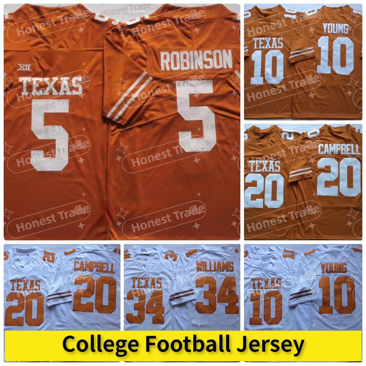 

Texas Longhorns 10 Vince Young Football Jersey 34 Ricky Williams 20 Earl Campbell 11 Sam Ehlinger 5 Bijan Robinso Orange White College Jerseys NCAA