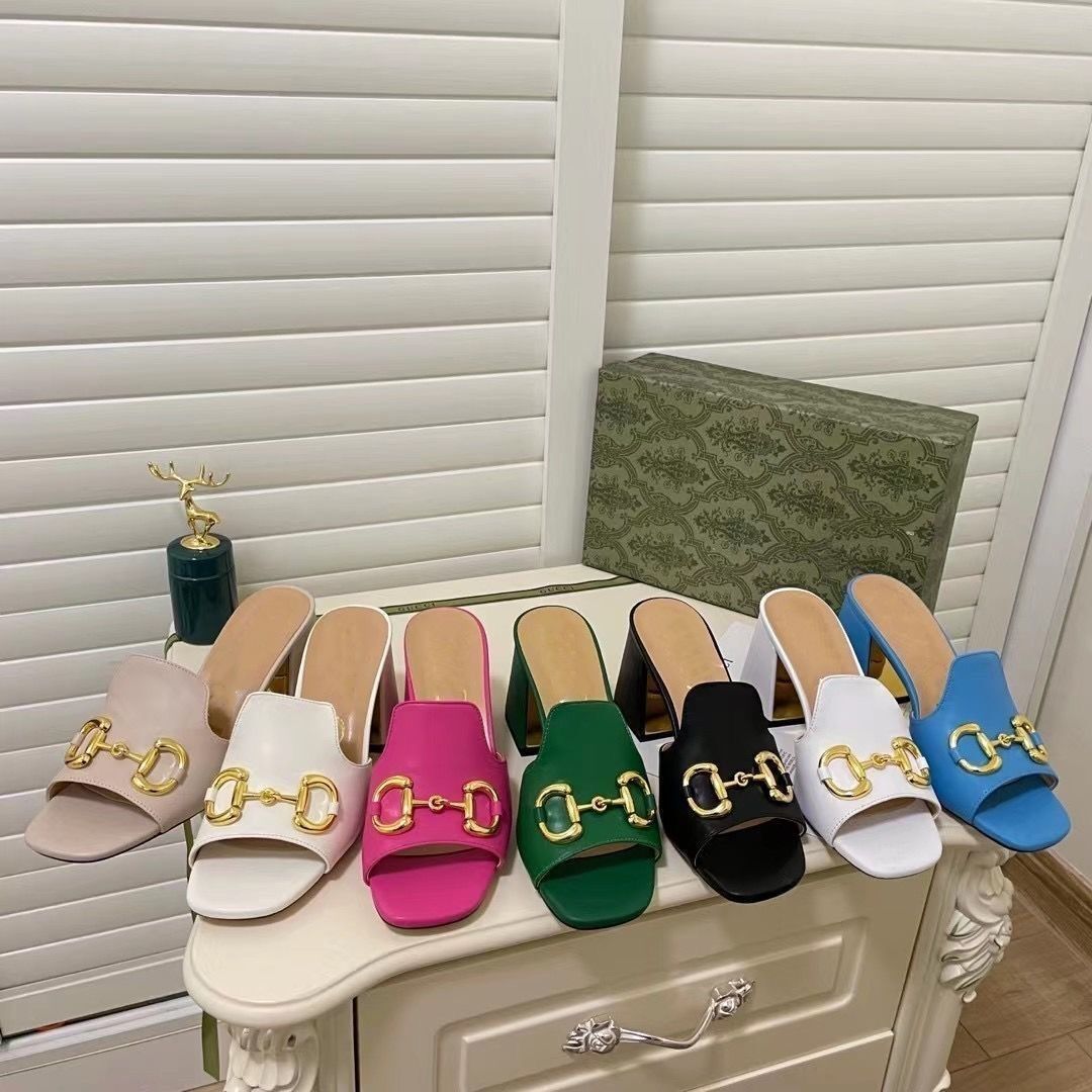 

High Heels Slippers Women Shoes Designer Summer Horseshoe Fashion Style Open Toe Versatile Go Out One Line