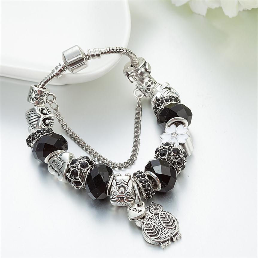 

Strands Charm Pandora 925 silver bracelet black beads owls and Diy flowers for women's charms264d