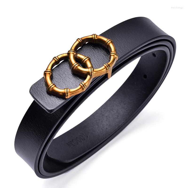 

Belts 2022 Vintage Women Leather Belt Gold Round Double Bamboo Buckle Genuine For Female Luxury Wild Jeans Waist Strap, Black
