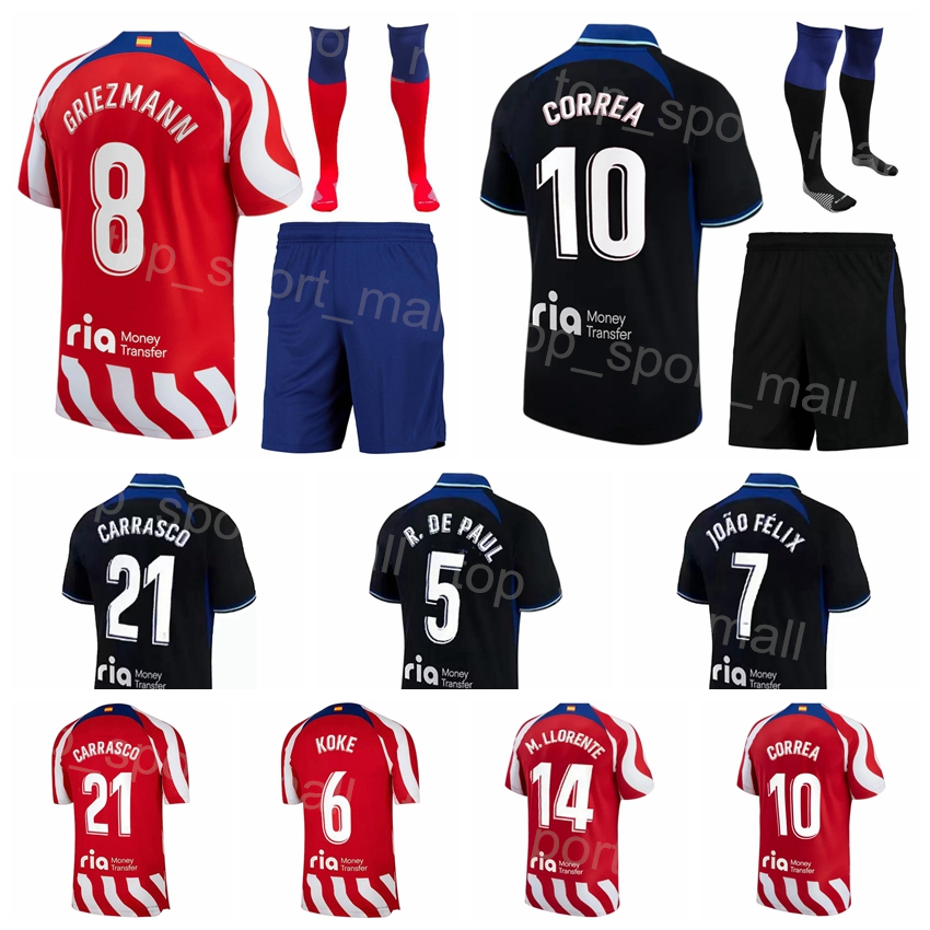 

2022-23 Men Kids Club Soccer 10 Angel Correa Jersey Set 11 Thomas Lemar 9 Matheus Cunha 8 Antoine Griezmann 21 Yannick Carrasco 19 Alvaro Morata Football Kits MaJing