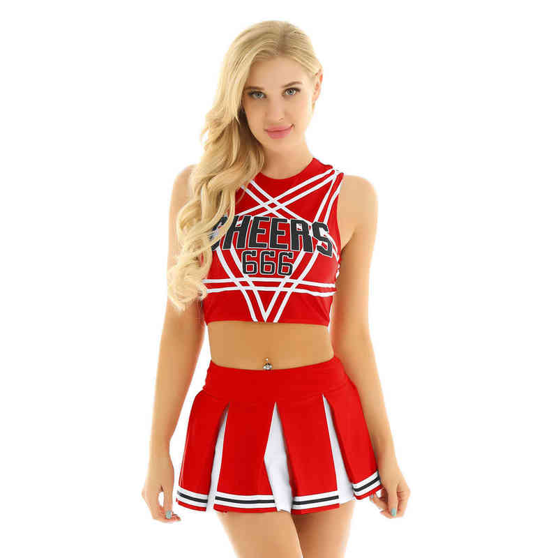 

Theme Costume Women Japanese Schoolgirl Cosplay Uniform Girl Sexy Lingerie Sleeveless Crop Top with Mini Pleated Skirt Cheerleader Costume Set 0908H, Packing bag