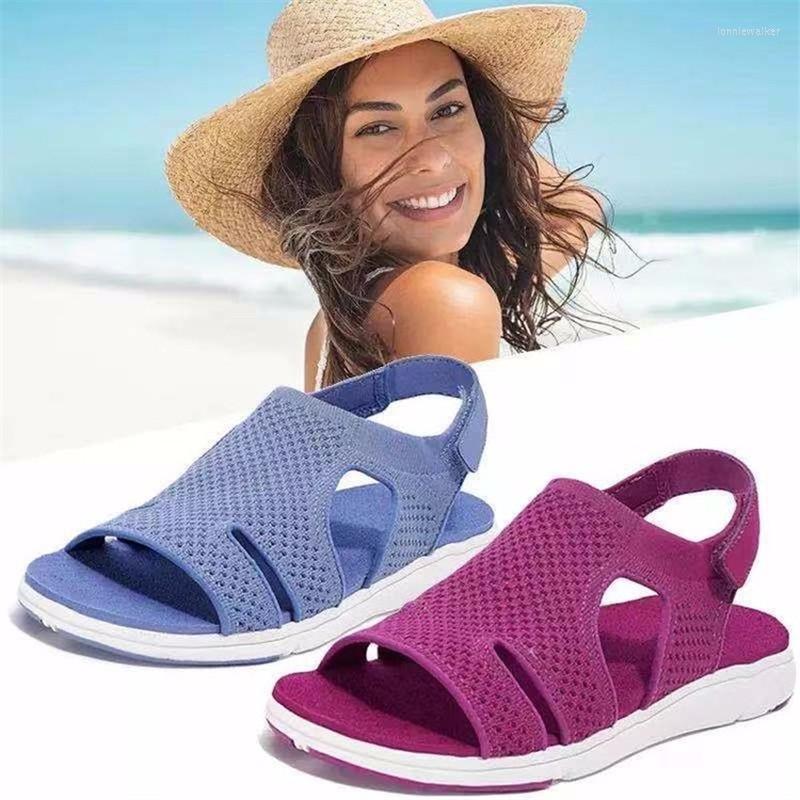 

Sandals 2022 Summer Ladies Large Size Breathable Stretch Knitted Comfortable Soft Sole Casual With Hook Loop Design, Black