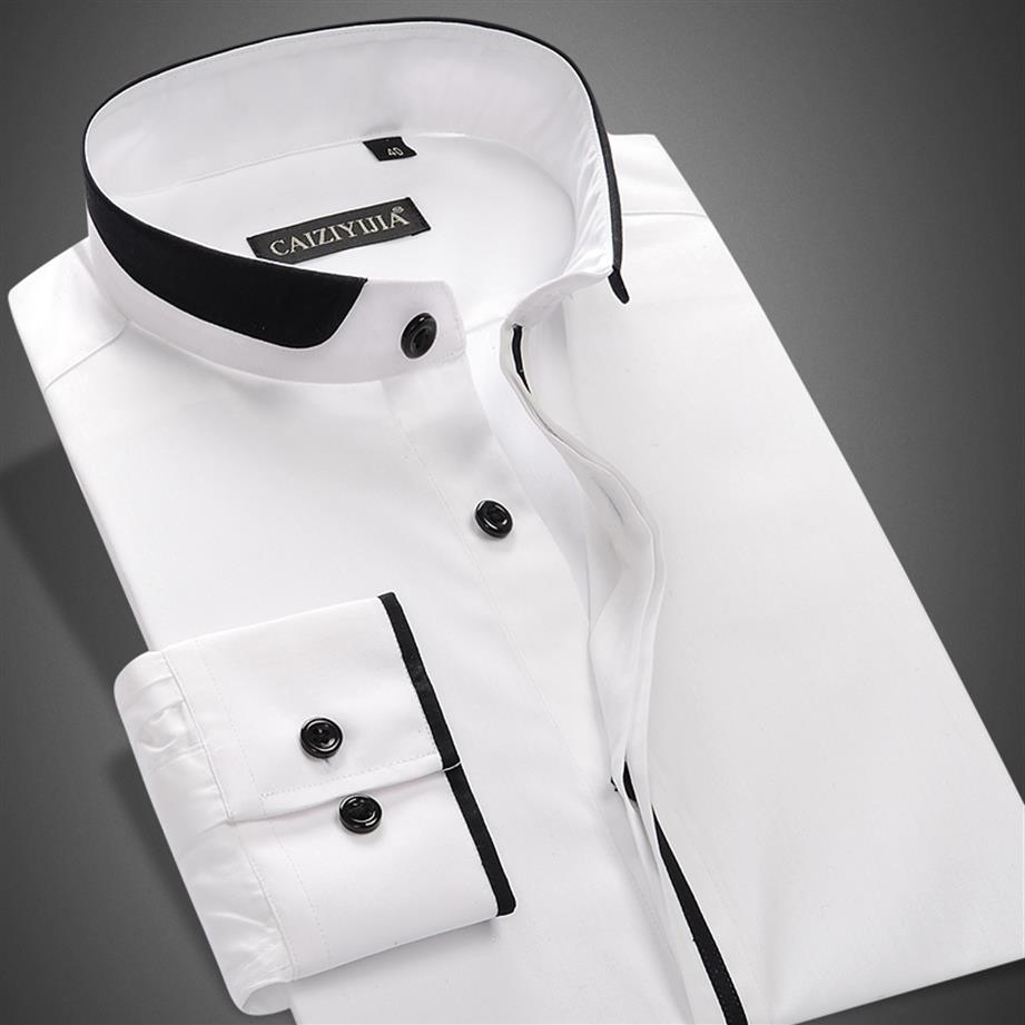 

Whole-2020 Fashion Mandarin Collar Men Dress Shirt Long Sleeve Solid Party White Black Male Casual Shirts Plus Size2442, Cz15222