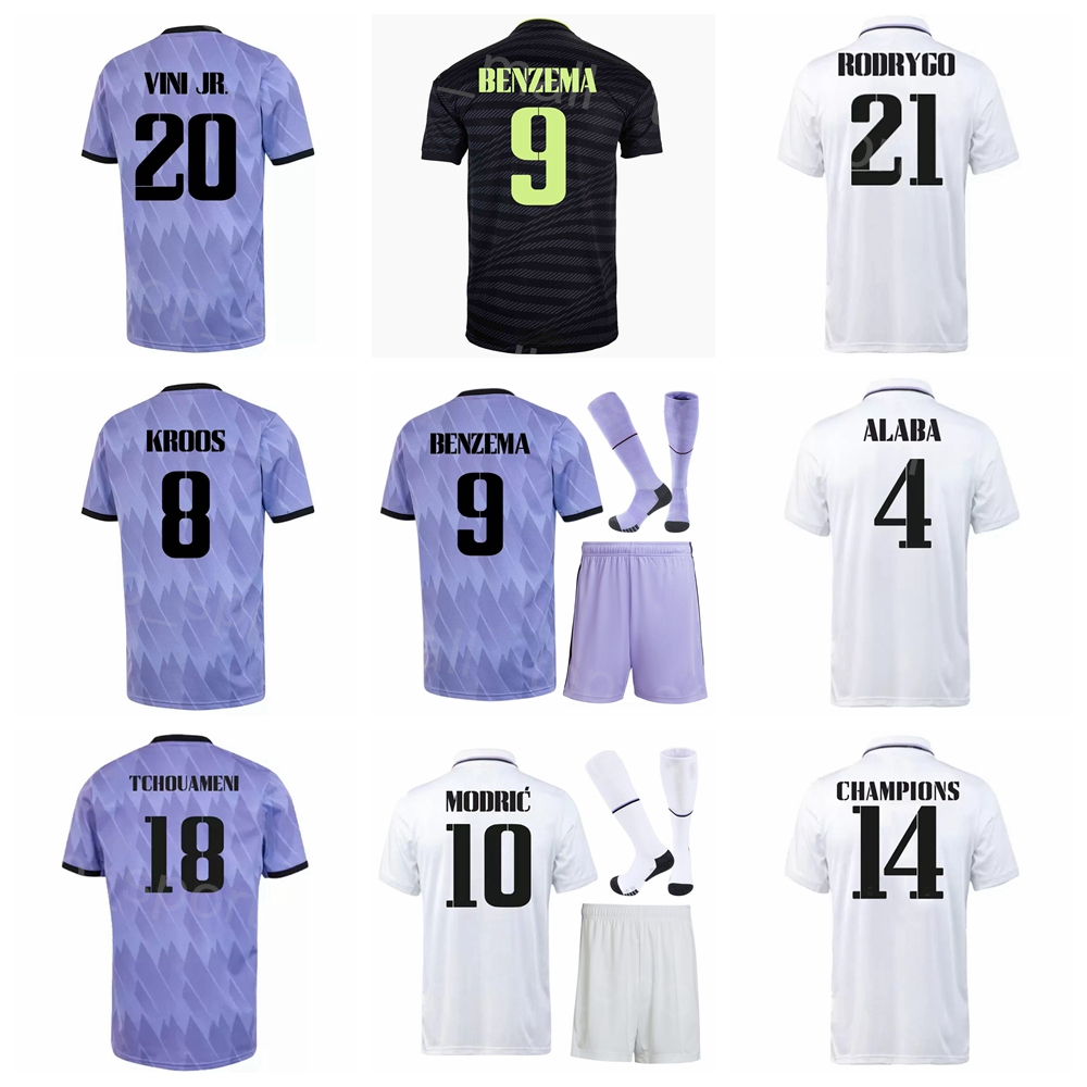 

Men Kids Club Soccer 20 Vinicius Junior Jersey Set 22-23 FC 9 Karim Benzema 18 Aurelien Tchouameni 10 Luka Modric 8 Toni Kroos 7 Eden Hazard Football Shirt Kits HuangMa