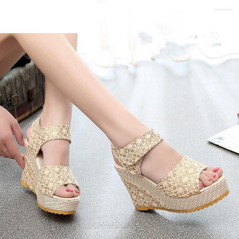 

Sandals Women Summer Fashion Lace Hollow Gladiator Wedges Shoes Woman Slides Peep Toe Loop Solid Lady Casual, Beige