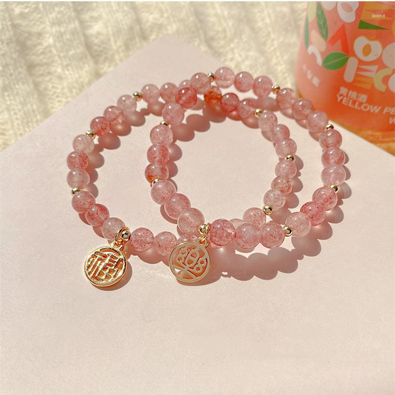 

Strand Cute Pink Strawberry Crystal Chinese Character Pendant Beaded Bracelet Temperament Womens Jewelry Gift