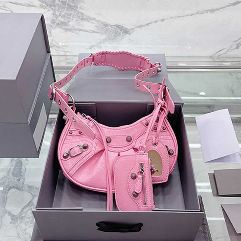 

Cool Girl Crescent Hobos Bags Handbag Crossbody Axillary Bag Pleated Shoulder Motorcycle Bags Rivet Purse Sheepskin Genuine Leather Mirror C, Red