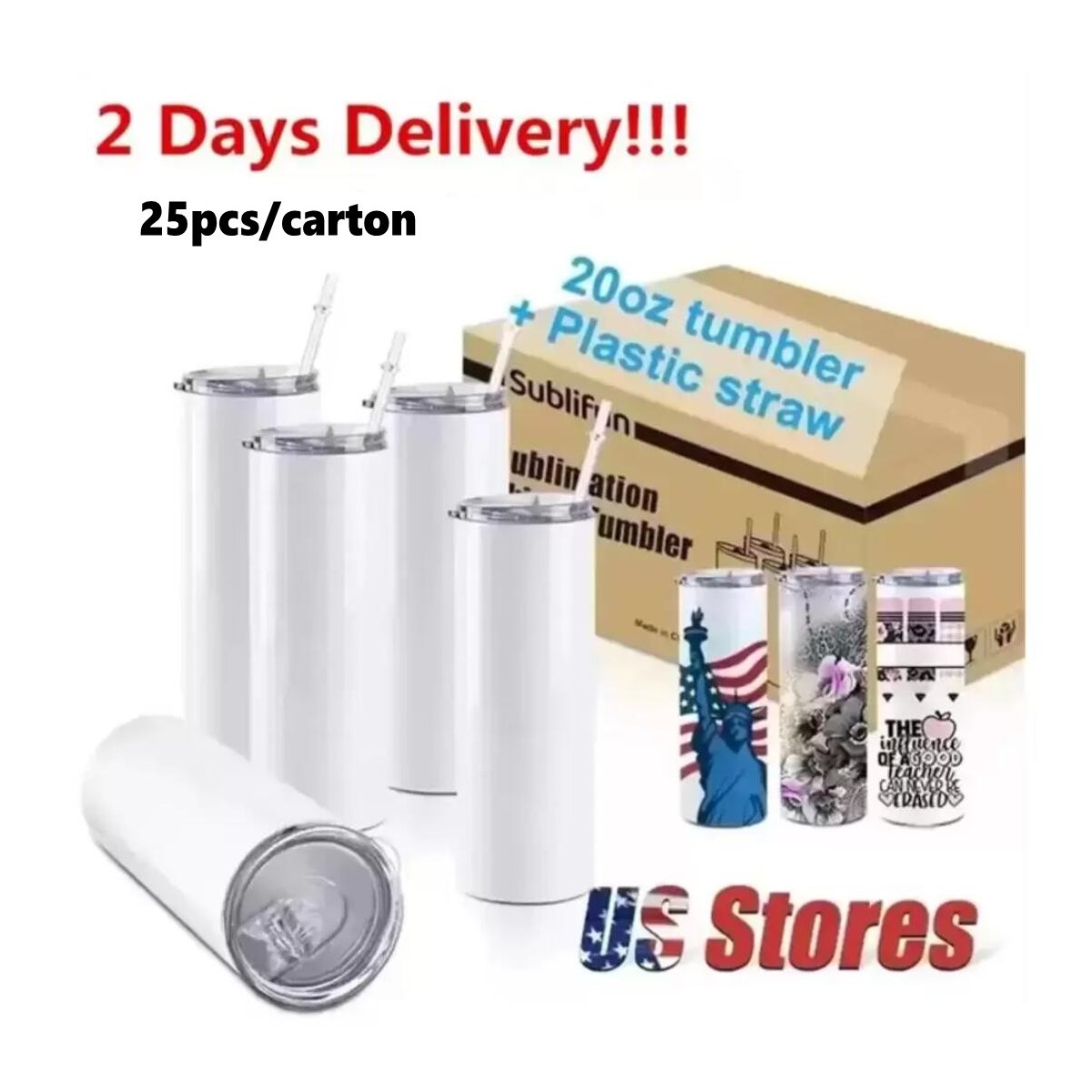 

2 Days Delivery STRAIGHT mugs 20oz Sublimation Tumblers with Straw Stainless Steel Water Bottles Double Insulated Cups Mugs for Birthday US warehouse GG020, White