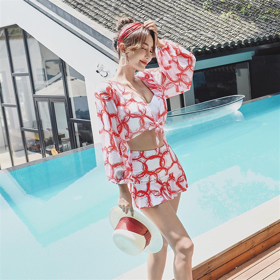 

Spring Three Piece Swimsuit Women Conservative Split Skirt Sexy Small Chest Gather Thin Bikini Swim Wear276G
