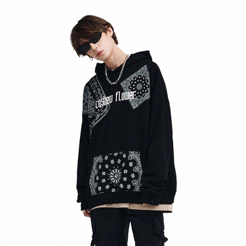 Men's Hoodies & Sweatshirts men's Hoodies & Sweatshirts Hip Hop Hoodie Sweatshirt Streetwear Cashew Flower Print Loose Oversized 2022 M-image-800488337