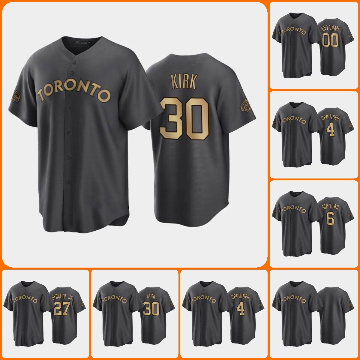 

Baseball Jersey Custom Toronto''Blue Jays''MEN 2022 All-Star AL Alejandro Kirk 30 George Springer 4 Vladimir Guerrero Jr. 27 Alek Manoah 6 Charcoal Replica