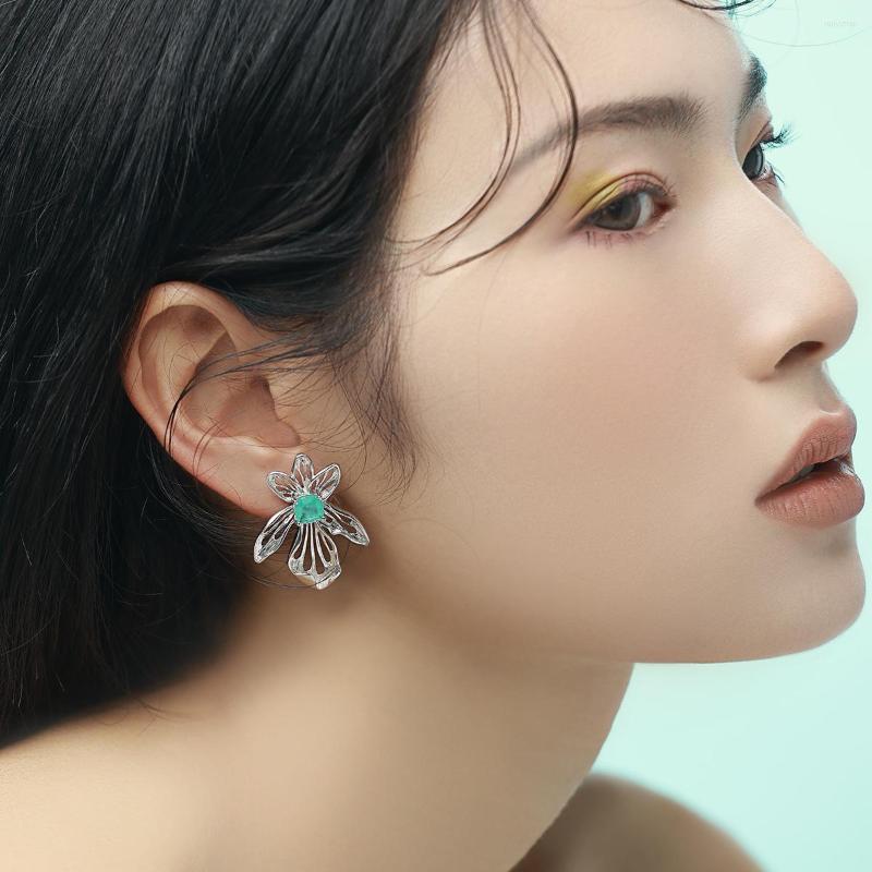 

Stud Earrings Simulated Paraiba Tourmaline For Women Luxury Irises Flower Design 925 Silver Needle Earring Banquet Jewelry