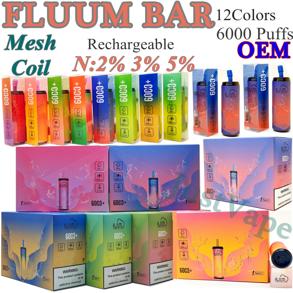 

FLuum Bar 6000 Puffs Electronic Cigarettes Desechables 2% Vape 3% 5% Cigarrillos 15ML Prefilled Pods Rechargeable 12Colors OEM Vapes VS Puff Flex RandM