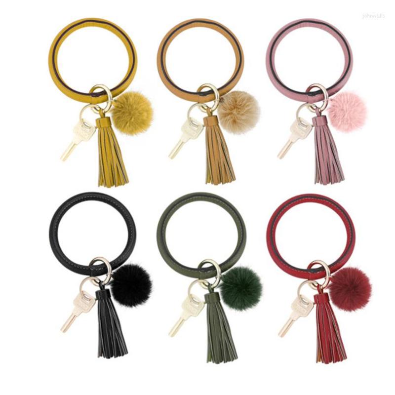 

Keychains MANILAI Bohemia PU Leather Wristlet Keychain Bangle Fashion Bulb Pendant Large Circle Keyring Tassel Bracelet For Women Jewelry