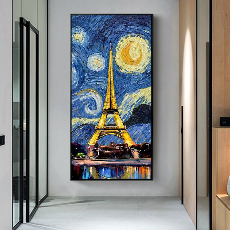 

Canvas Painting Starry Night of Paris Tower Abstract Landscape Posters and Prints Wall Art Picture for Living Room Decor Cuadros Entrance Painting