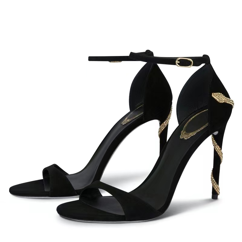

Luxury Rhinestone snake pattern stiletto sandals women's deer skin black gold inlaid sexy fashion single button high heels top designer 9cm banquet party shoes, Black+9cm