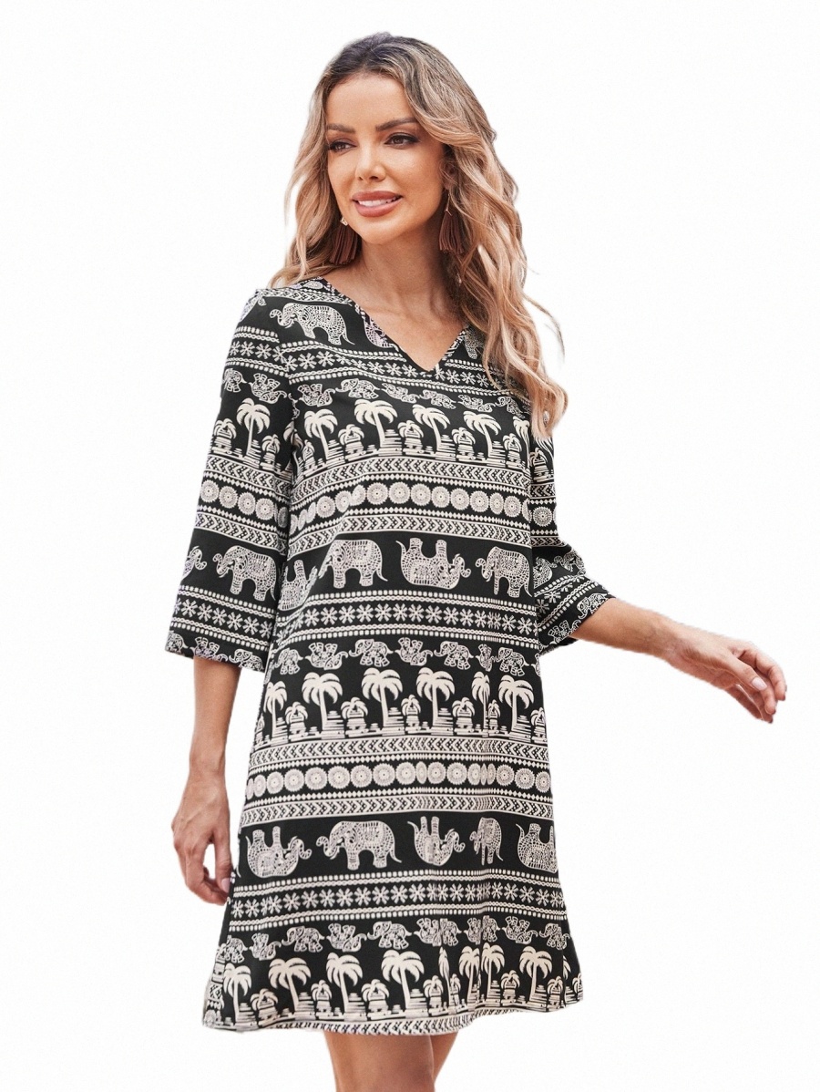 

Casual Dresses emery ROSE Tropical & Elephant Print V Neck Tunic Dress c6CO#, Black and white