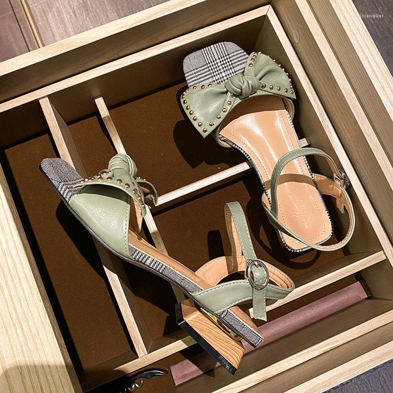 

Sandals 2022 Summer Bow Rivet Low Heel Women Thick Fashion Women's Straight Square Head, Green
